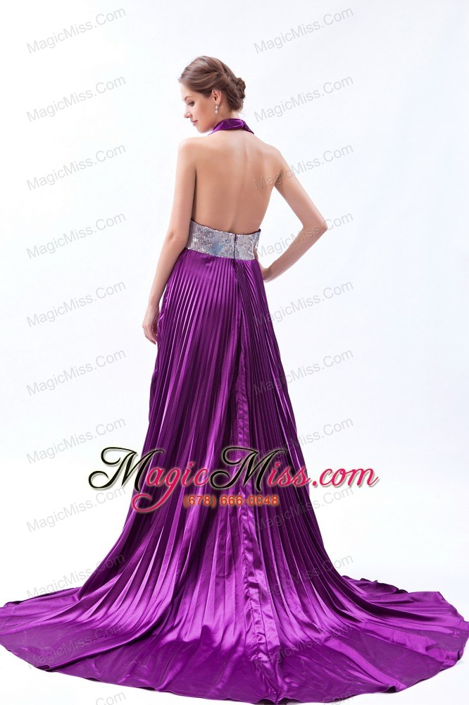 wholesale eggplant purple backless sequin pleat prom dress a-line / princess halter court train
