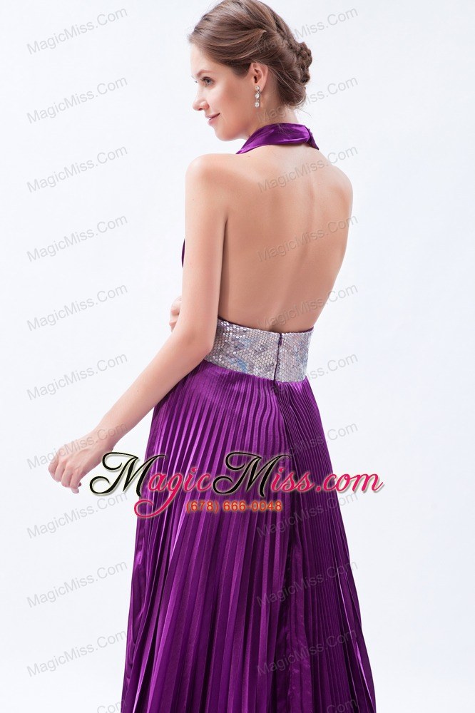 wholesale eggplant purple backless sequin pleat prom dress a-line / princess halter court train