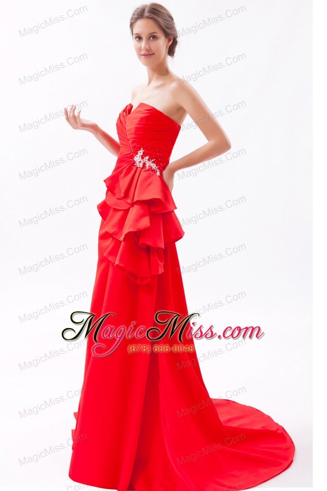 wholesale red a-line / princess strapless brush train satin beading prom dress