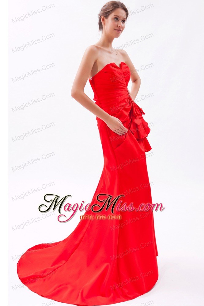wholesale red a-line / princess strapless brush train satin beading prom dress
