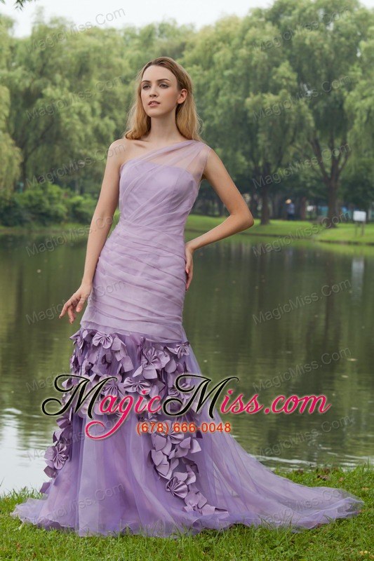 wholesale lilac column / sheath one shoulder sweep / brush organza hand flowers prom dress