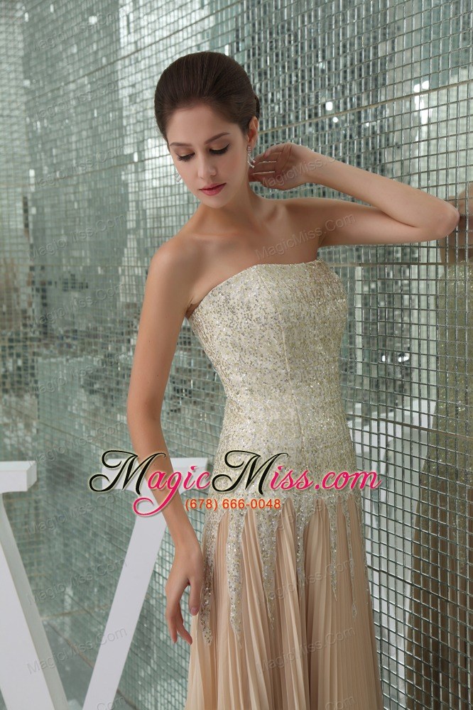 wholesale champagne strapless sequins empire prom dress with brush train