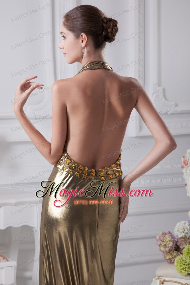 wholesale halter top gold beading ankle-length prom dress