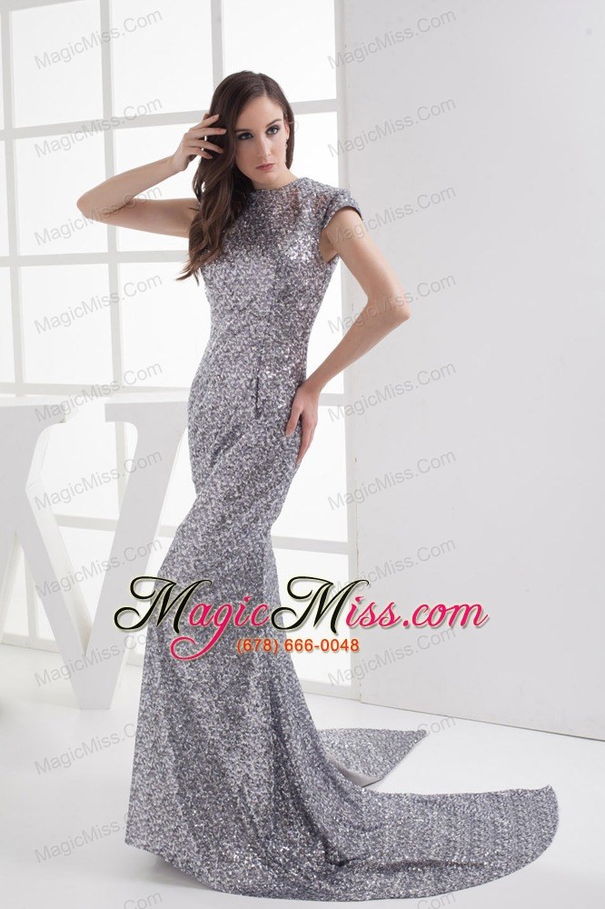 wholesale mermaid cap sleeves scoop gray sequin prom dress