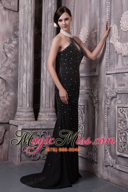 wholesale black column halter brush train elastic woven satin beading prom dress