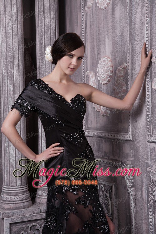 wholesale black column one shoulder brush train lace beading prom dress