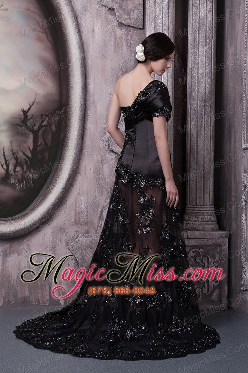 wholesale black column one shoulder brush train lace beading prom dress
