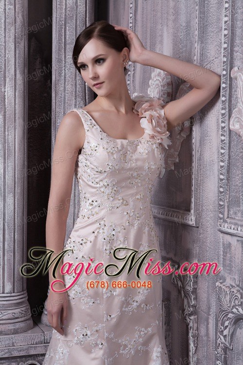 wholesale champagne column scoop brush train taffeta and lace hand made flower prom dress