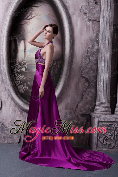 wholesale pretty eggplant purple column halter prom dress silk like satin beading court train