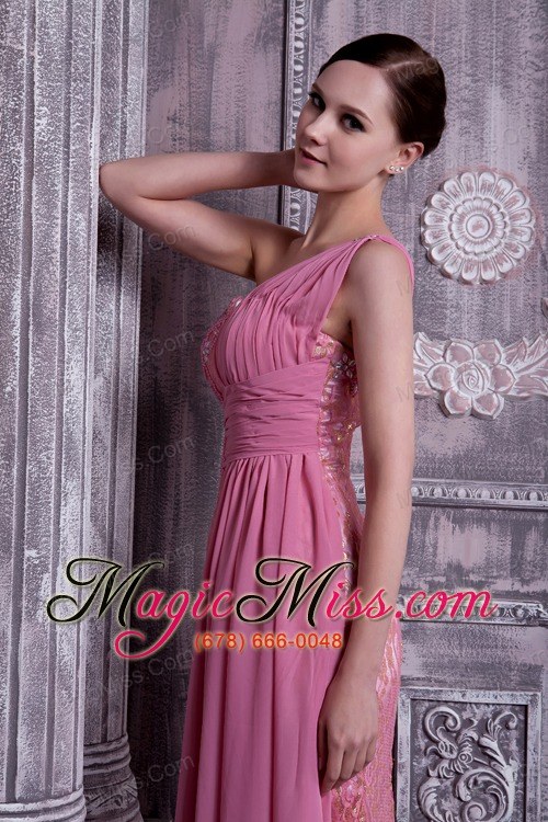 wholesale rose pink column one shoulder floor-length beading chiffon prom dress