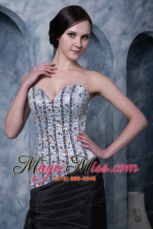 wholesale sliver and black a-line sweetheart brush train elastic woven satin beading prom dress