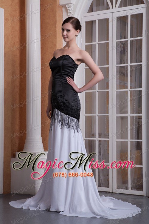 wholesale white and black column sweetheart brush train chiffon sequins prom dress