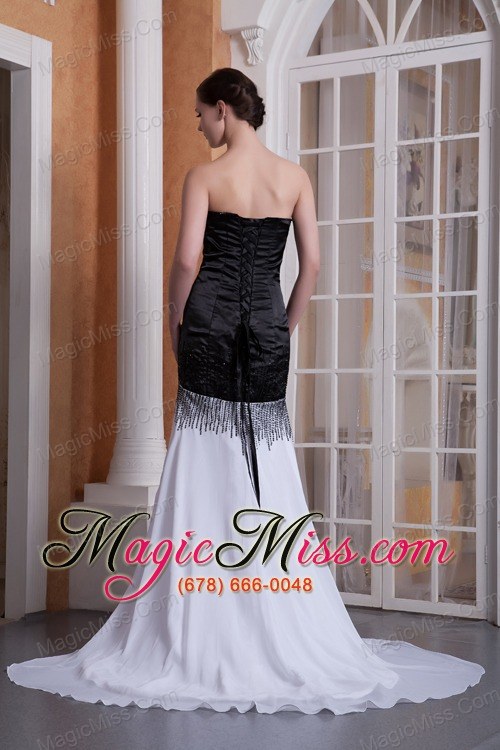 wholesale white and black column sweetheart brush train chiffon sequins prom dress