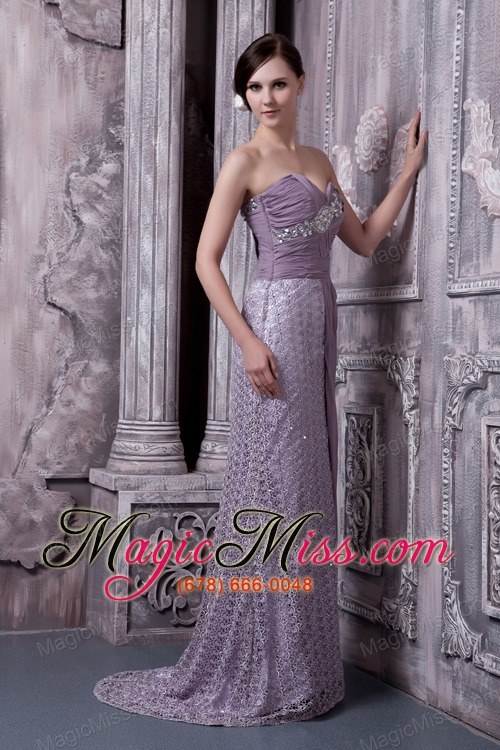 wholesale lavender column sweetheart brush train special fabric and chiffon beading prom dress