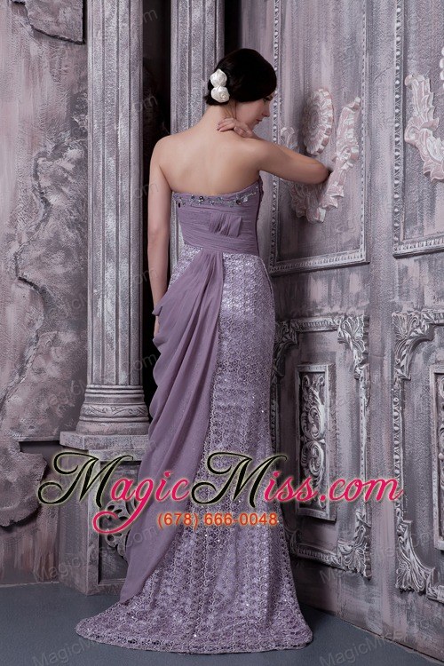 wholesale lavender column sweetheart brush train special fabric and chiffon beading prom dress