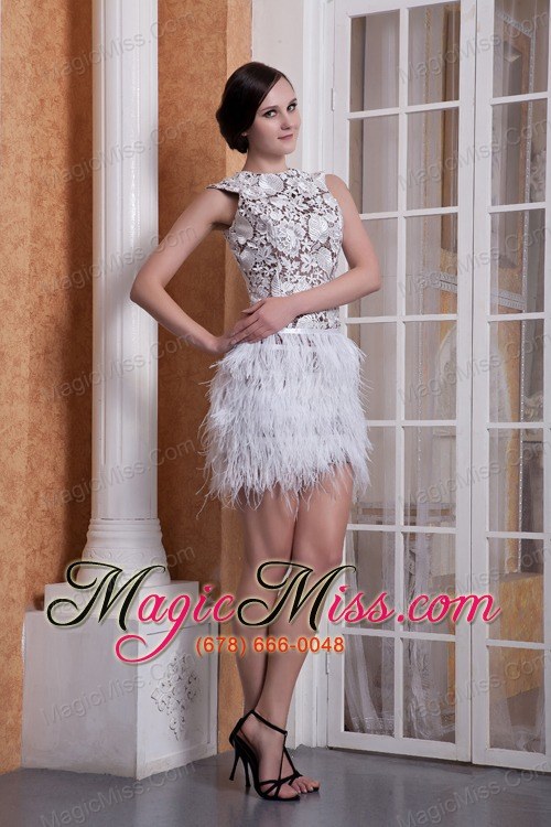 wholesale 2013 new style white column scoop feather and elastic woven satin cocktail dress mini-length