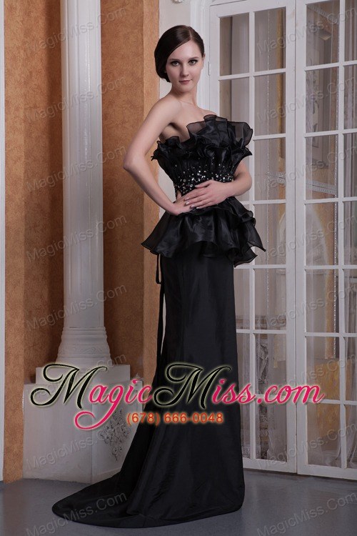 wholesale black mermaid strapless brush train elastic woven satin beading prom dress