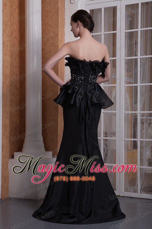 wholesale black mermaid strapless brush train elastic woven satin beading prom dress