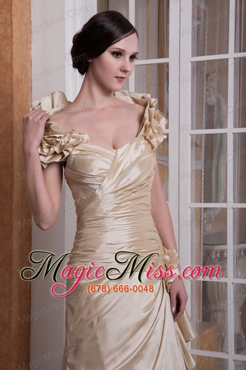 wholesale customize champagne a-line sweetheart wedding dress silk like satin hand made flower court train