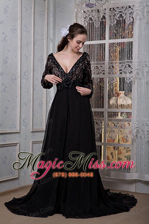 wholesale sexy black mother of the bride dress a-line v-neck chiffon beading court train