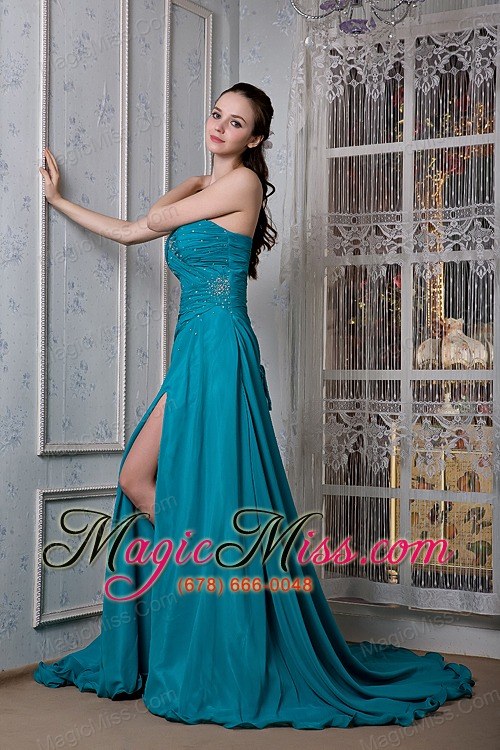 wholesale remarkable teal a-line strapless evening dress chiffon and elastic woven satin beading court train