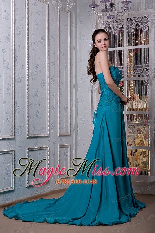 wholesale remarkable teal a-line strapless evening dress chiffon and elastic woven satin beading court train