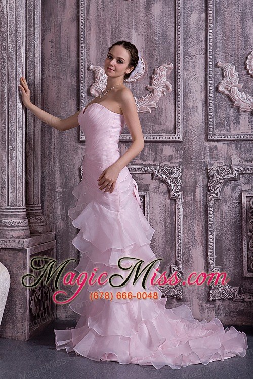 wholesale 2013 baby pink prom dress column sweetheart brush train ruch and beading organza