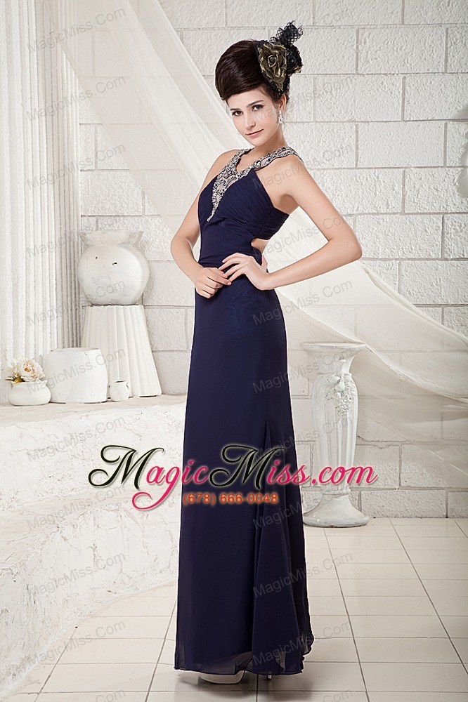 wholesale navy blue column v-neck ankle-length chiffon beading prom dress