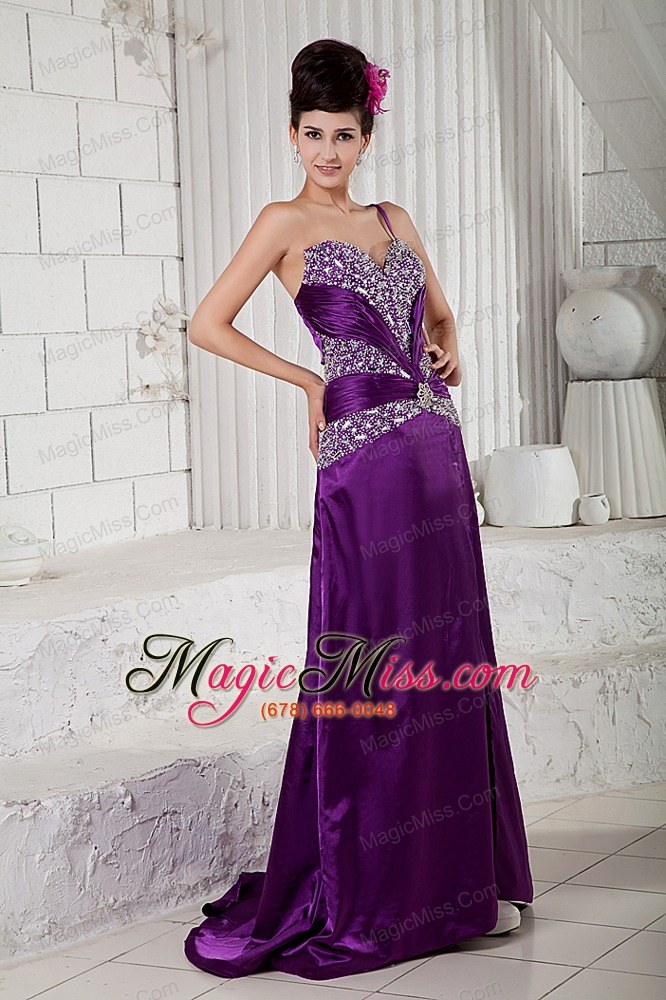 wholesale eggplant purple empire one shoulder brush train taffeta beading prom dress