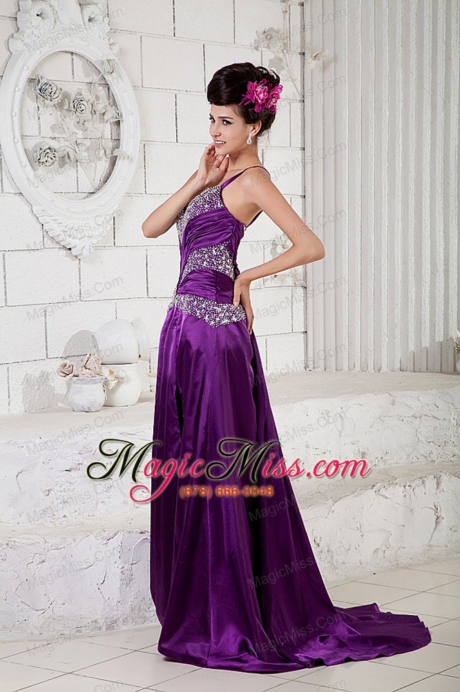 wholesale eggplant purple empire one shoulder brush train taffeta beading prom dress