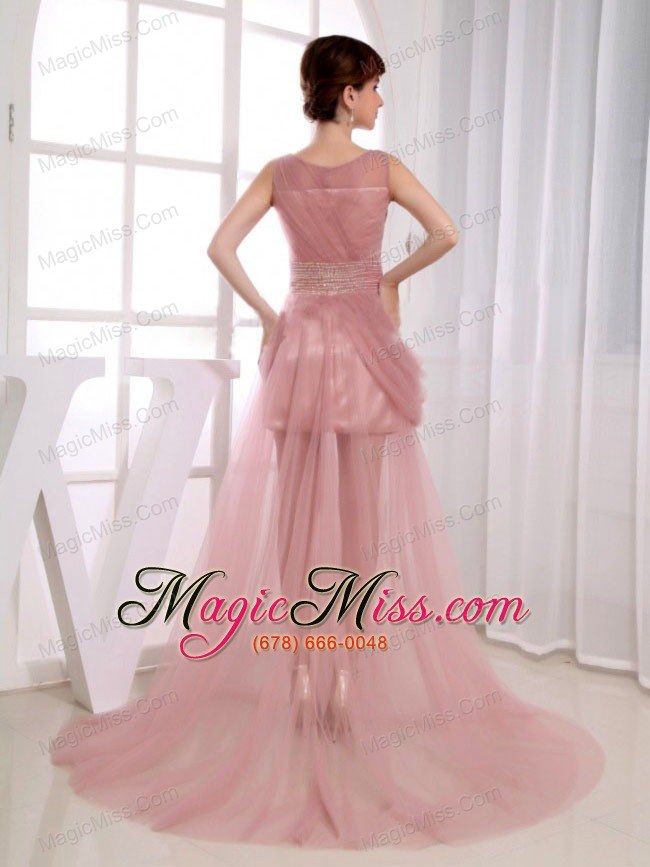 wholesale beaded decorate waist scoop court train pink tulle a-line prom dress
