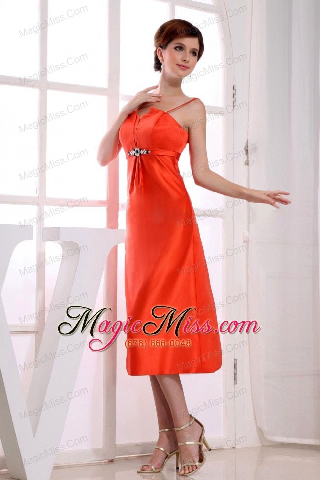 wholesale spaghetti straps tea-length column orange red prom dress taffeta