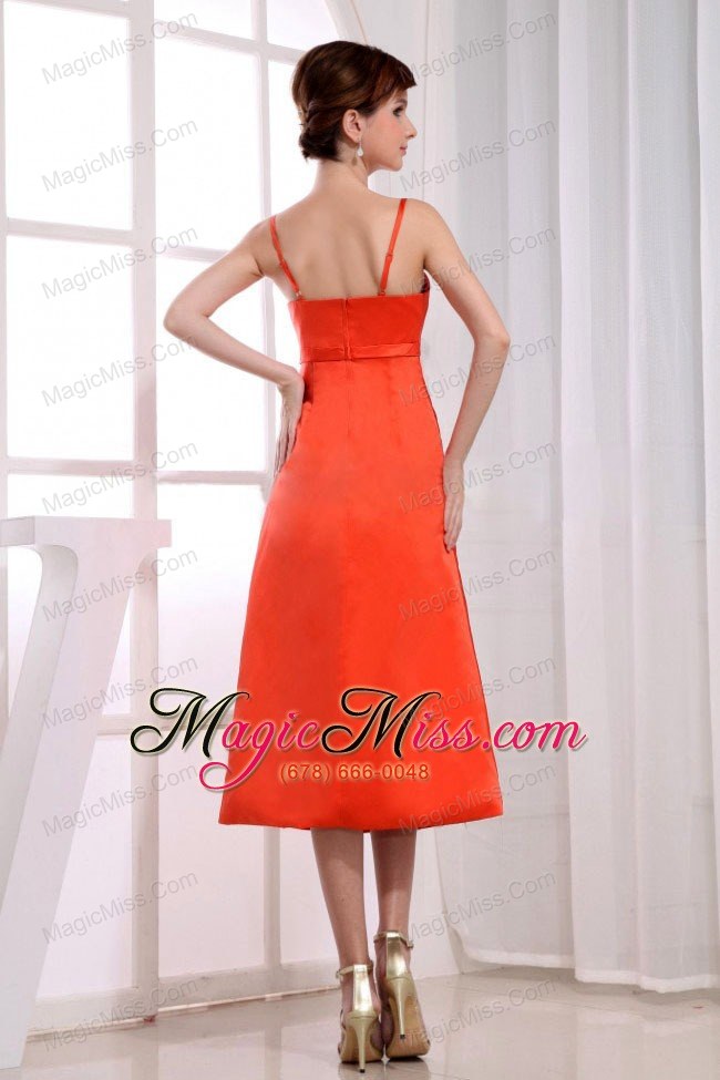 wholesale spaghetti straps tea-length column orange red prom dress taffeta
