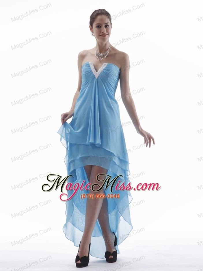wholesale light blue high-low prom dress with v-neck chiffon for custom made