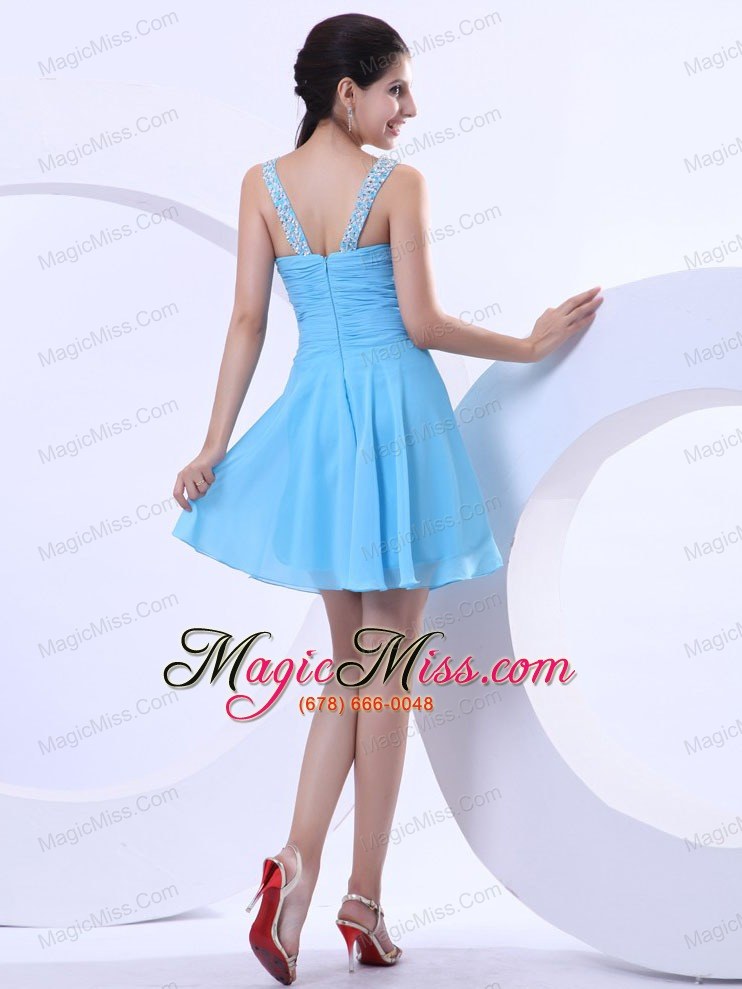 wholesale aqua blue prom / cocktail dress with beaded v-neck mini-length chiffon