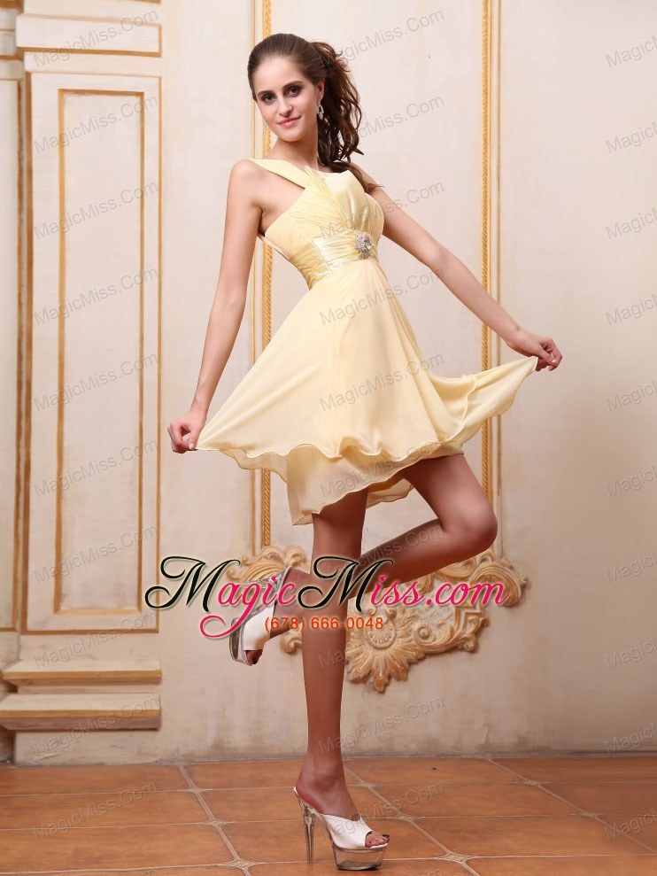 wholesale yellow one shoulder prom / homecoming dress with beading mini-length chiffon