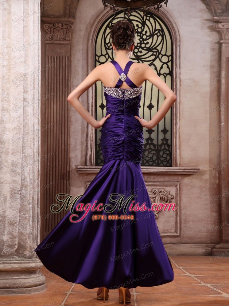 wholesale purple prom dress with straps beaded and ruched mermaid ankle-length