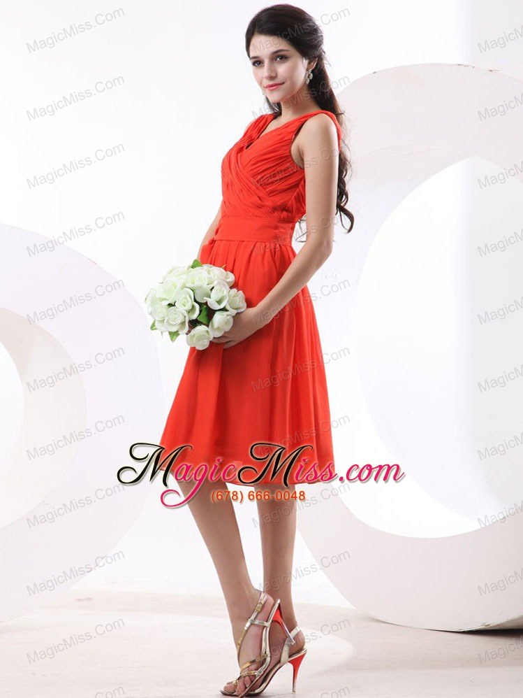 wholesale v-neck ruch for bridesmaid dress with knee-length and chiffon