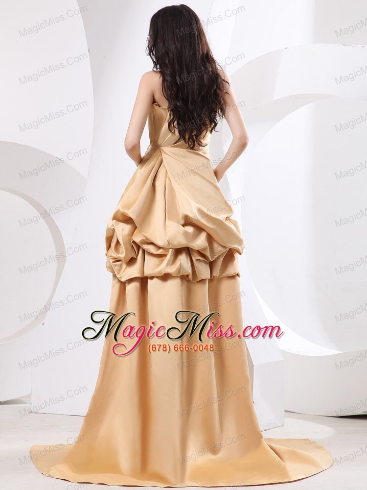 wholesale high-low champagne prom dress with beading pick-ups and brush trian
