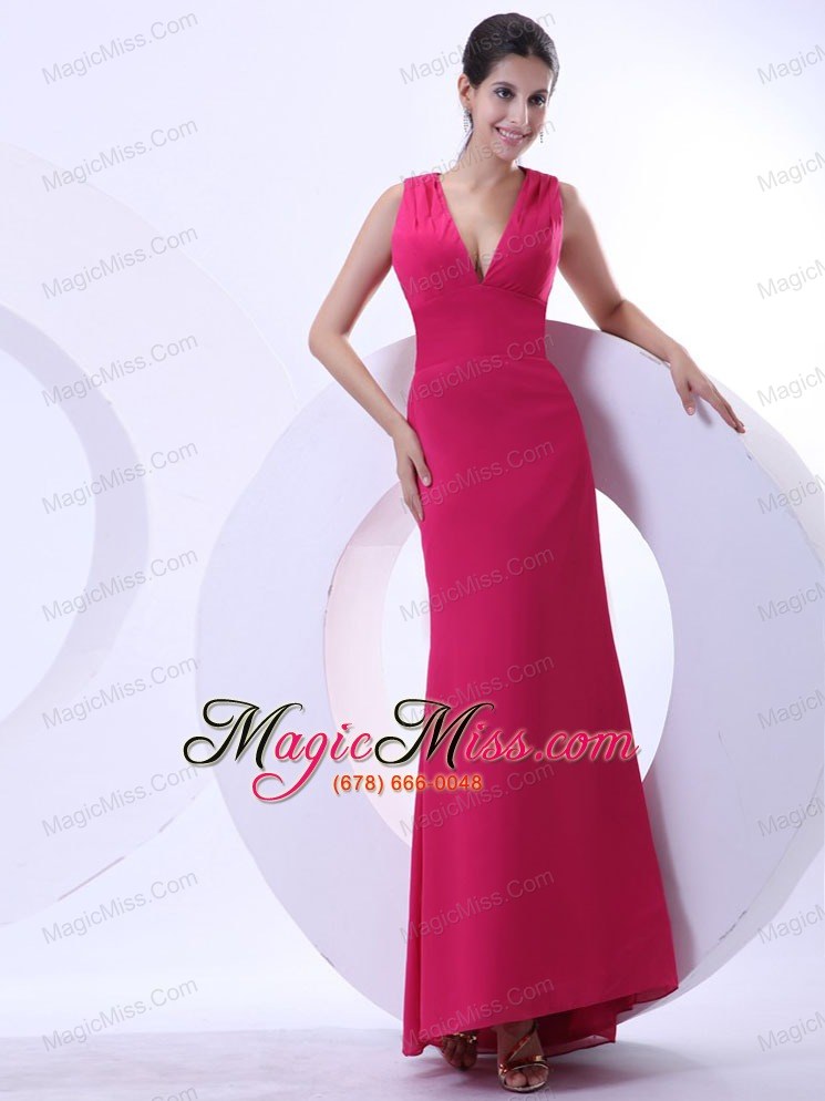 wholesale sexy prom dress with hot pink v-neck and ankle-length