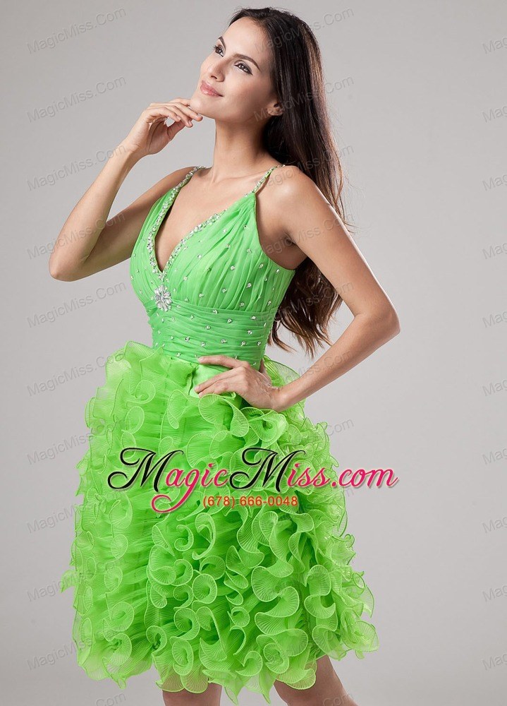 wholesale beading and ruffles organza a-line v-neck prom dress mini-length spring green
