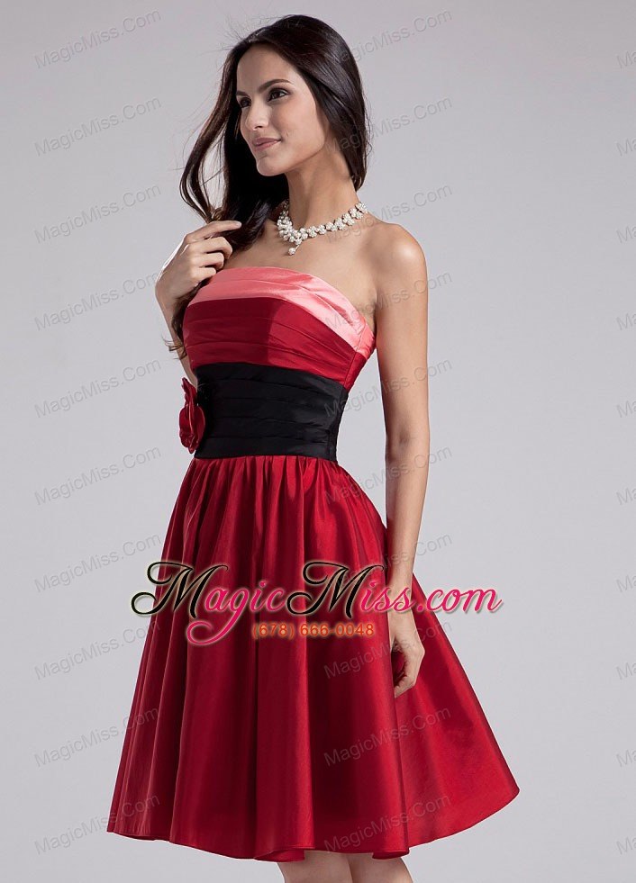 wholesale hand made flowers taffeta knee-length strapless a-line wine red prom dress