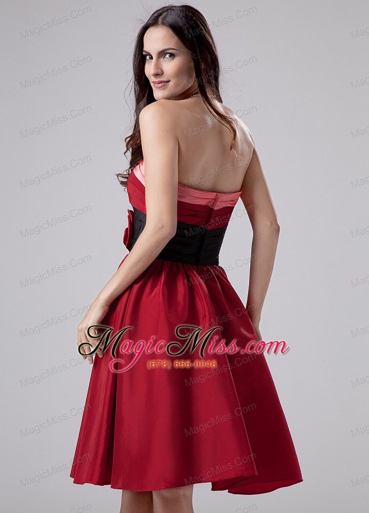wholesale hand made flowers taffeta knee-length strapless a-line wine red prom dress
