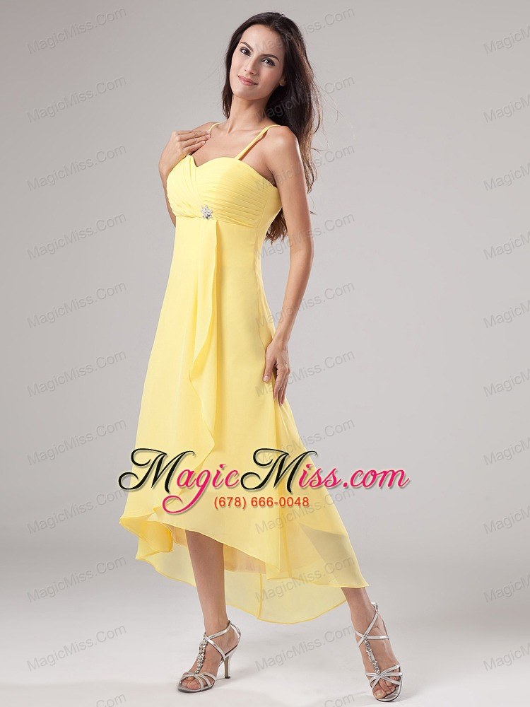 wholesale simple yellow spaghetti straps prom dress beading and ruch with chiffon