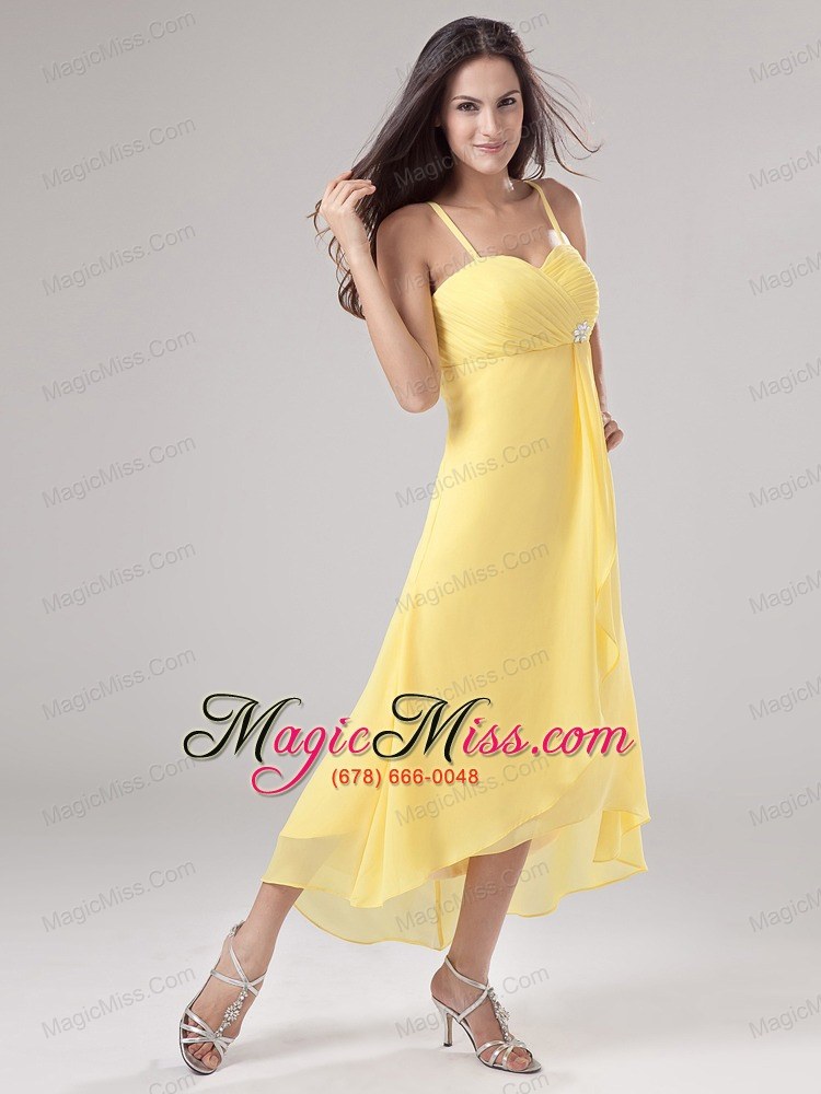 wholesale simple yellow spaghetti straps prom dress beading and ruch with chiffon