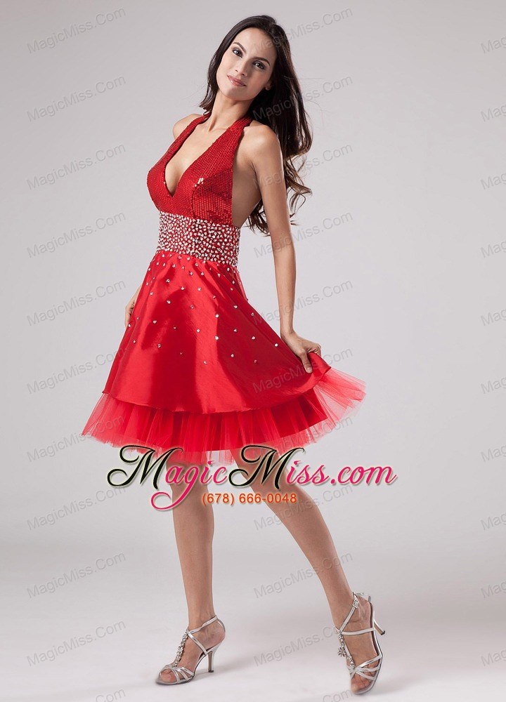 wholesale luxurious red halter prom dress beaded decorate with satin and tulle