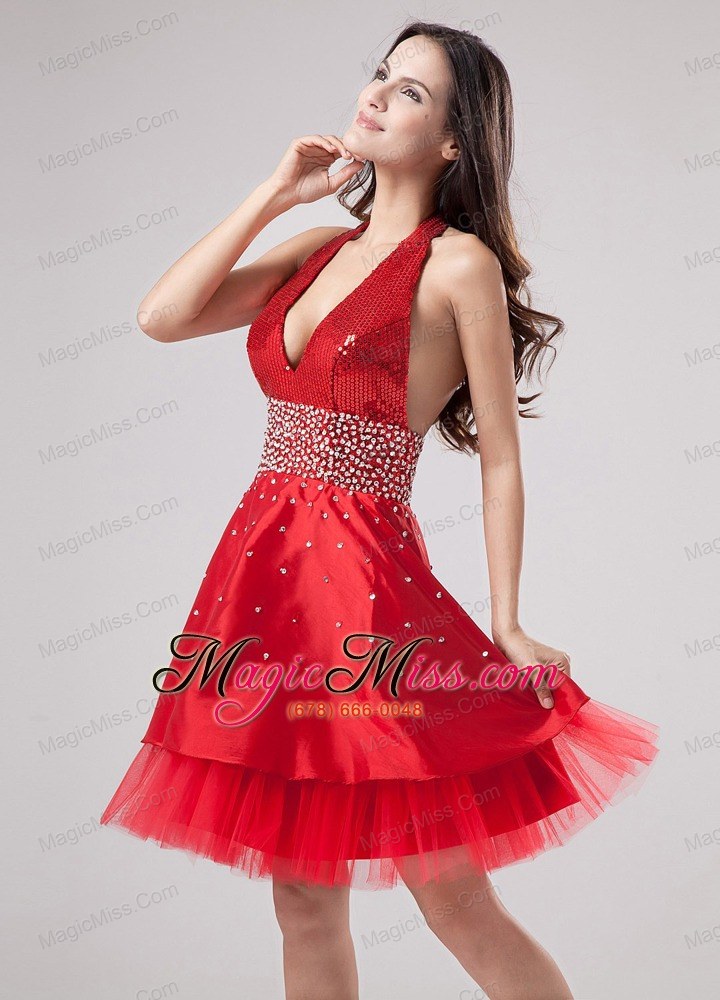 wholesale luxurious red halter prom dress beaded decorate with satin and tulle