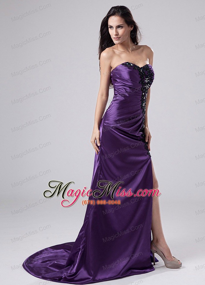 wholesale beading elastic woven satin column sweetheart brush/sweep prom dress purple
