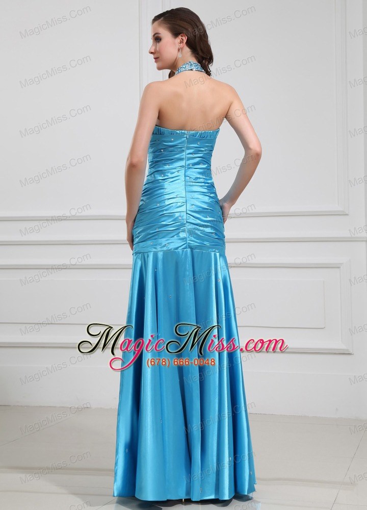wholesale mermaid beading halter elastic woven satin prom dress floor-length blue
