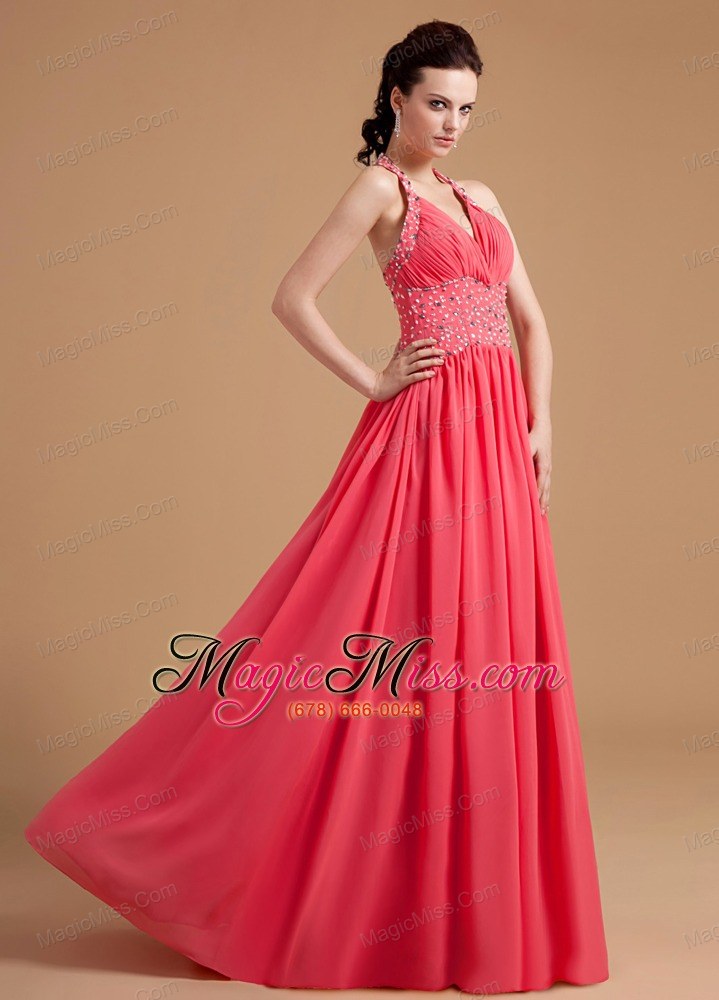 wholesale watermelon prom / evening dress with beaded halter chiffon